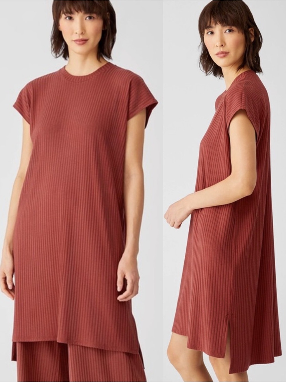 Eileen Fisher Textured Stretch Rib Dress Terracotta Large Tencel